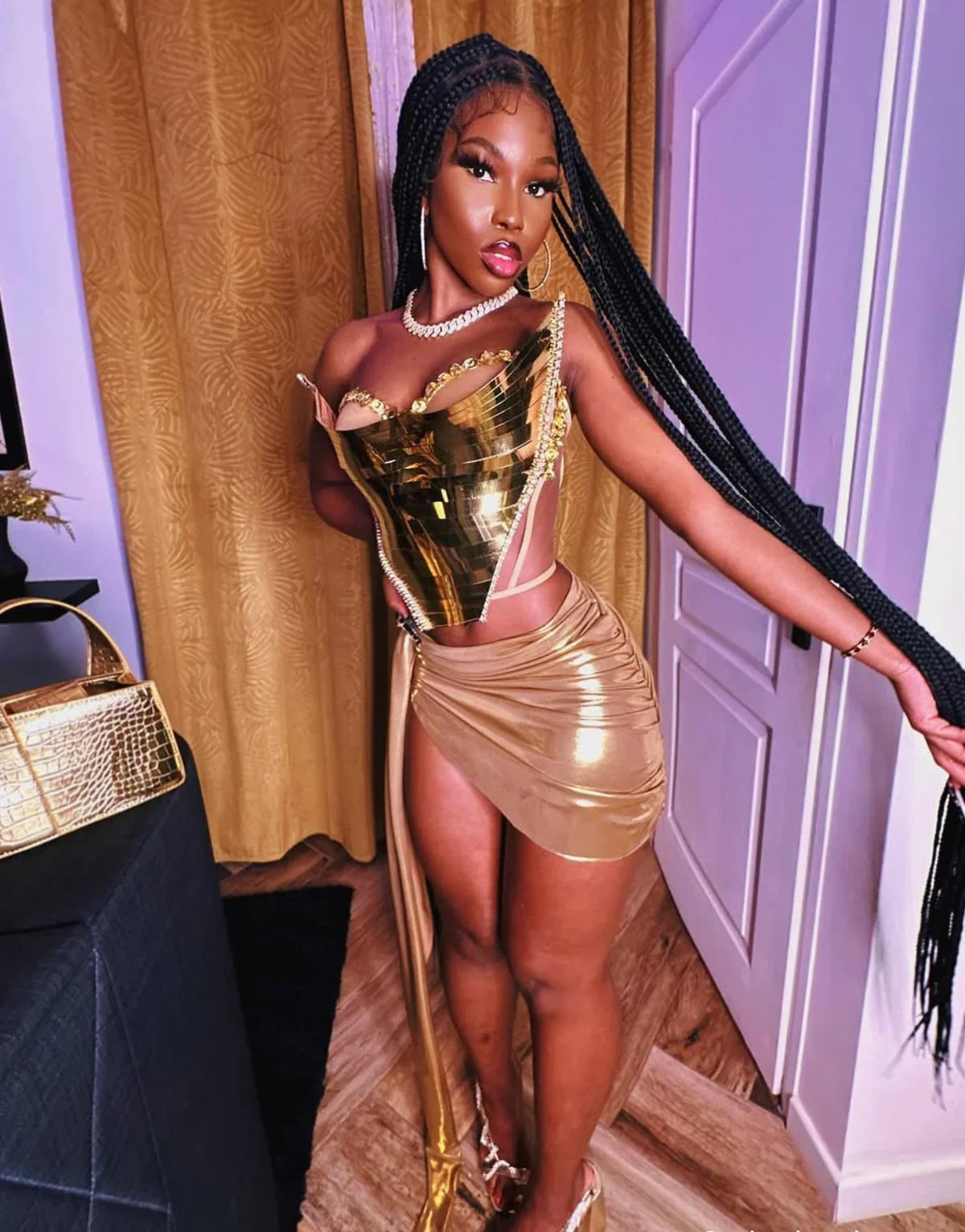 Women Baddie Outfit Gold Silver Two Pieces Skirt Sets Special Occassion Y2K Topic Evening Party Club Nightwears Stage Costumes